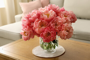 Canvas Print - Beautiful pink peonies in vase on table at home. Interior design