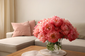 Canvas Print - Beautiful pink peonies in vase on table at home, space for text. Interior design