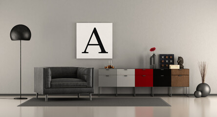 Wall Mural - Modern living room with sideboard and black armchair - 3d rendering