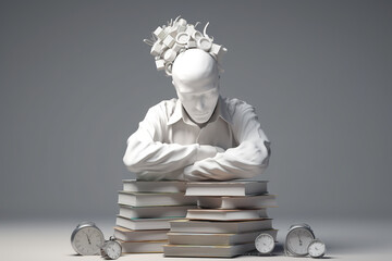 A statue of a man sitting on top of a pile of books. Generative AI.