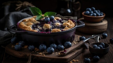 Wall Mural - close up blueberry cobbler with blueberries fruit on a wooden table with a blurred background