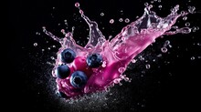 Blueberry Milks Splash On Black Background Generative AI
