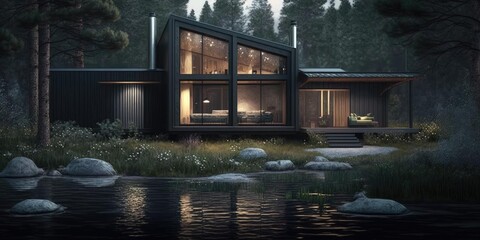 Wall Mural - Luxurious scandinavian nordic home in the forest in evening scene. superlative generative AI image.