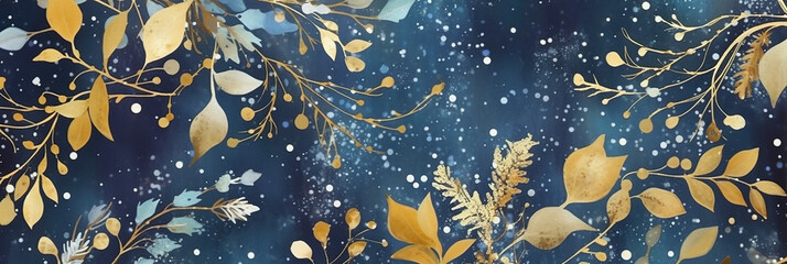 A blue and gold wallpaper with leaves and flowers. Generative AI.