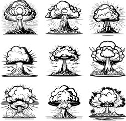 Set of silhouette explosion effect vectors. Smoke explosion, nuclear explosion, bomb explosion, and smoke plume isolated on a white background