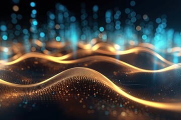 abstract futuristic background with gold blue glowing neon moving high speed wave lines and bokeh lights. Data transfer concept Fantastic wallpaper, Ai Generative