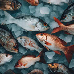 many fish in an icey area with some red and white ones on the bottom, one is looking at the camera