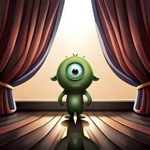 Digital Art Of A Cute, Little Green Monster With One Eye.