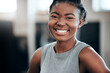 Smile, portrait or happy black woman at gym for a workout, exercise or training for healthy fitness or wellness. Face of sports girl or proud African athlete smiling or relaxing with positive mindset