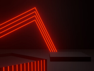 Wall Mural - 3D black geometric podium with red neon lights. Sci-Fi mock up.