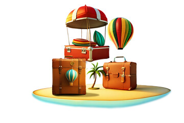 3d illustration suitcase with on the beach island travel vacation tourist summer holiday idea concept, isolated on white and transparent background