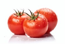 Fresh Tomatos With Water Droplets Isolated On White Background. Generative Ai
