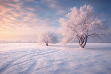 Wall Mural - Snowy landscape. Trees standing in a field of powdery snow give off a melancholy atmosphere,Generative AI.