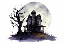 A Menacing Silhouette Of A Haunted House Against A Full Moon Backdrop. 
