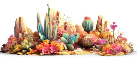 Wall Mural -  Landscape of a Flowering Desert with Cacti, Succulents, and Desert Flowers illustration isolate on white background. 