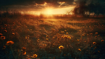 Wall Mural - the sun setting over a field with wildflowers and trees in the foreground photo taken at sunset time