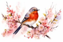 Watercolor Bird With Blossoming Branch On White Background.