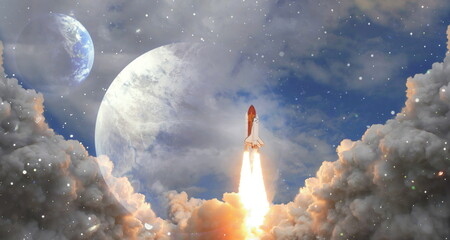 Wall Mural - rockets launch into space on the starry sky. spacecraft flies into space with clouds of smoke. eleme