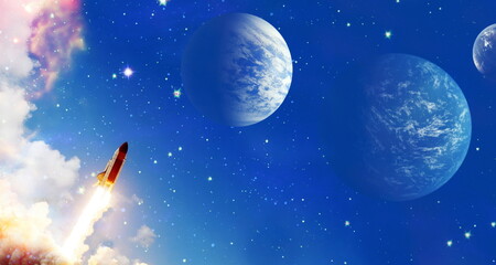 Wall Mural - rockets launch into space on the starry sky. spacecraft flies into space with clouds of smoke. eleme