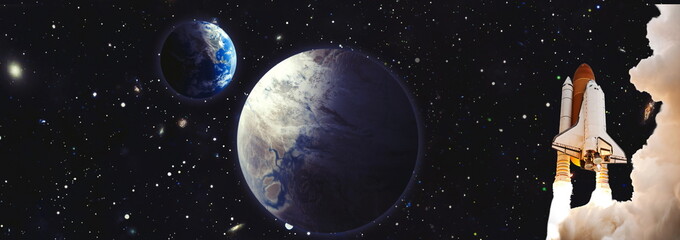 Wall Mural - shuttle launch in the clouds to outer space. dark space with stars on background.spaceship flight. e