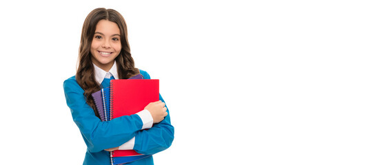 Canvas Print - happy child long curly hair hold school workbook isolated on white, homework. Horizontal isolated poster of school girl student. Banner header portrait of schoolgirl copy space.