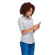 © Suresh Heyt/peopleimages.com - Phone, happy and woman reading, texting or typing internet web search, social media app review or contact mobile user. Happiness, cellphone and African person isolated on transparent, png background