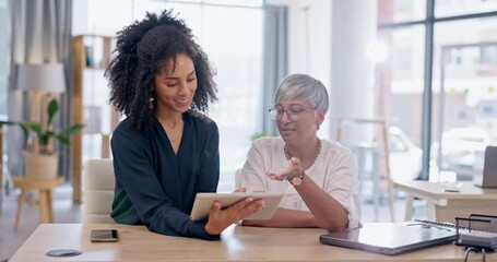 Team, meeting and women with tablet for digital layout and web design with tech and collaboration at SEO agency. Creative female employees, planning and discussion with research for app development