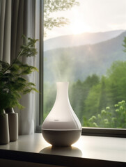 Poster - Aromatherapy machine on the windowsill, natural scenery outside the window