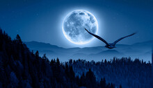 Beautiful Landscape With Blue Misty Silhouettes Of Mountains - Night Sky With Moon In The Clouds With Red-tailed Hawk Flying "Elements Of This Image Furnished By NASA"    
