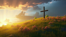 Cross Of Jesus Standing On A Green Hill Pasture With The Sunset Illustration