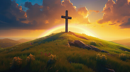 cross of Jesus standing on a green hill pasture with the sunset illustration