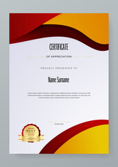 Certificate of appreciation template, red and red orange. Clean modern certificate with gold badge. Certificate border template with luxury and modern line pattern. Diploma vector template