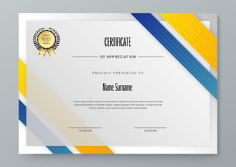 Set certificate template with dynamic and futuristic polygonal blue and gold color and modern background.