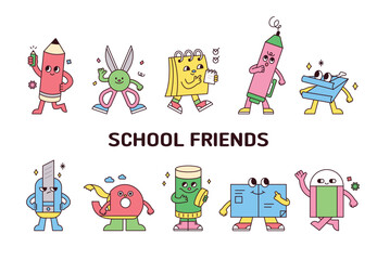 Wall Mural - Cute school supplies characters collection.