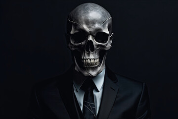 a skeleton dressed in a business suit on a dark background. vertical generative ai illustration.