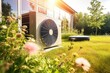heatpump in a graden, heat pump, Sustainable Comfort: A Photographic Close-Up of a Big Heat Pump in a Green Garden, Family House, and Sunny Sky, with Flowers, Lounge Parasol, and Breakfast, Embracing