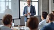 © Svfotoroom - Confident male entrepreneur making an exciting pitch to investors. Startup, Business plan. Generative ai.