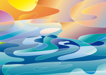 Wall Mural - Abstract geometric colorful, vector background. Sun and storm on the sea in bright colors made with spots