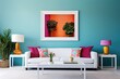 © QuietWord - cheerful and happy mood living room idea of home decor design with colorful abstract painting art wall hanging picture, mockup idea, Generative Ai