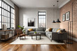 © DesignDynasty - Interior design of an industrial chic living room that incorporates exposed bricks, metal finishes, wooden elements, and vintage machinery-inspired decor with a touch of luxury | Generative AI