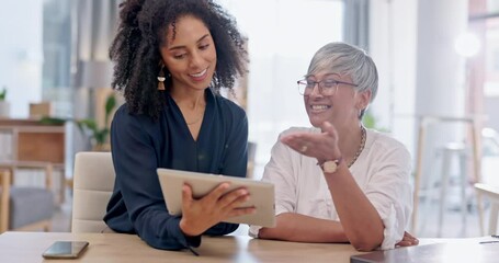 Leinwandbilder - Review, feedback and teamwork, women with tablet in discussion on project management proposal with manager. Opinion, online planning and brainstorming, woman mentor with employee at start up office.