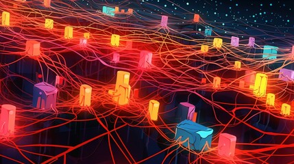 Blockchain network nodes illustration . Fantasy concept , Illustration painting.