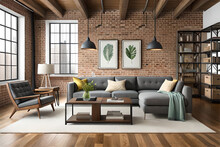 Interior Design Of An Industrial Chic Living Room That Incorporates Exposed Bricks, Metal Finishes, Wooden Elements, And Vintage Machinery-inspired Decor With A Touch Of Luxury | Generative AI