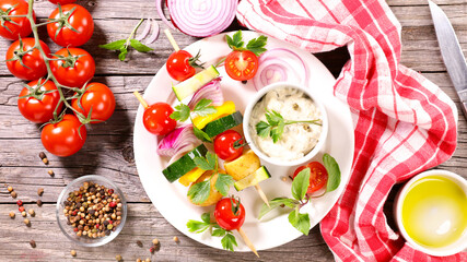 Poster - vegetable skewer and dipping sauce- summer party,  vegetarian bar-b-q,  health food concept