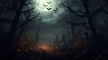 Spooky Halloween In The Haunted Forest Graveyard With Bats And Scary Trees. Happy Halloween Background. Generative AI