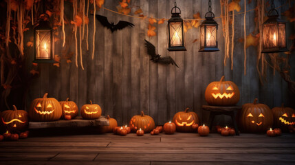 Pumpkin lanterns illuminate Halloween night on a rustic wooden background