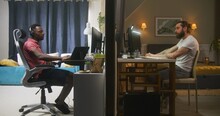 Two Diverse Neighbors Sit At Computers. One Man Starts Working Remotely, Another Man In Headphones Plays Online Video Games. Two Apartments Separated By Wall. Concept Of Neighbourhood And Lifestyle.