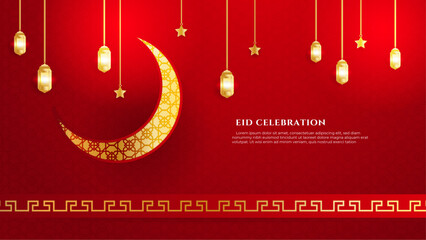 Wall Mural - Islamic design illustration concept for Happy eid mubarak. Red and gold template for web landing page, banner, presentation, social, poster, ad, promotion or print media.