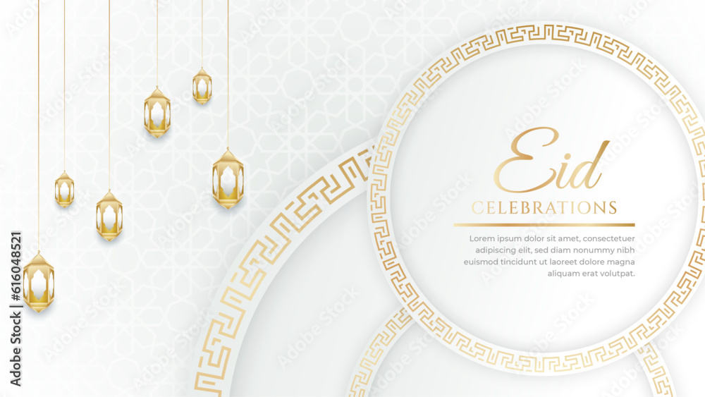 Eid Mubarak Arabic Islamic white and gold social media post design with ...