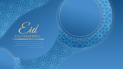 Eid Mubarak Arabic Islamic blue and gold social media post design with arabesque border and frame